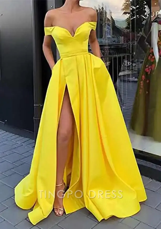 TingPo Wholesale Elegant A-line Off-the-Shoulder Strapless Long/Floor-Length Satin Prom Dress With Split